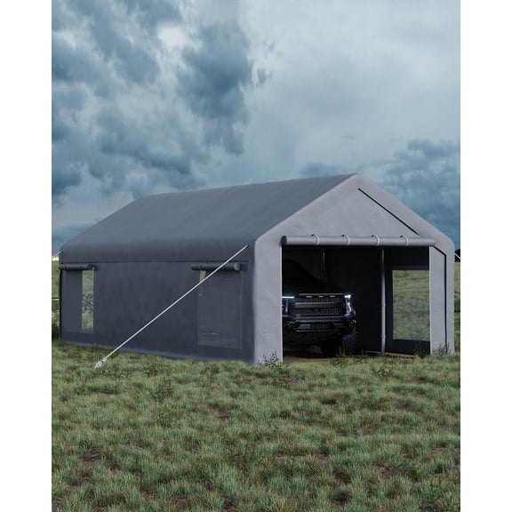 13x25 ft Portable Carport Garage, Extra Wide Car Canopy with 200G PE Cover, 4 Windows & Roll Up Doors for Truck SUV Boat Storage – Gray