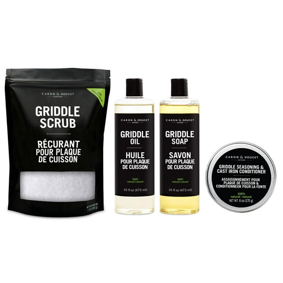 CARON & DOUCET – Ultimate Griddle Set | Seasoning, Oil, Soap & Salt Scrub | 100% Plant-Based & Best To Season, Clean, Care, Restore, Maintain & Protect