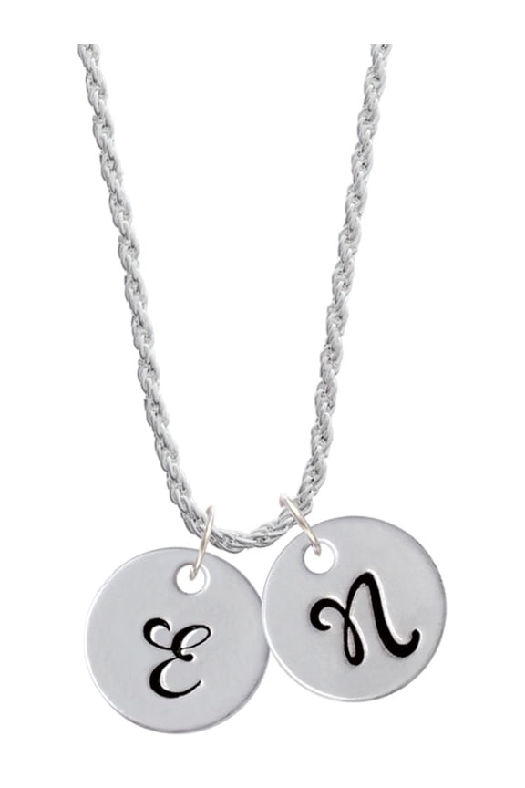 Silvertone Large Script Letter - E - 3/4'' Disc - Silvertone Script Initial Disc - N - Charm Necklace, 20"+3"