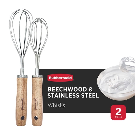 Rubbermaid Whisk Set | 2-Piece Stainless Steel Whisks for Cooking & Baking | 8" & 11" Heavy Duty Wire Wisking Tool | Durable Kitchen Utensil with Sealed Wood Handle