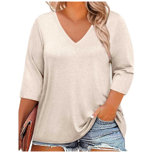 BLVB Womens Plus Size T-Shirts V Neck 3/4 Sleeve Tops Spring Fall Shirts Casual Basic Loose Fit Tunic Tees Clothes