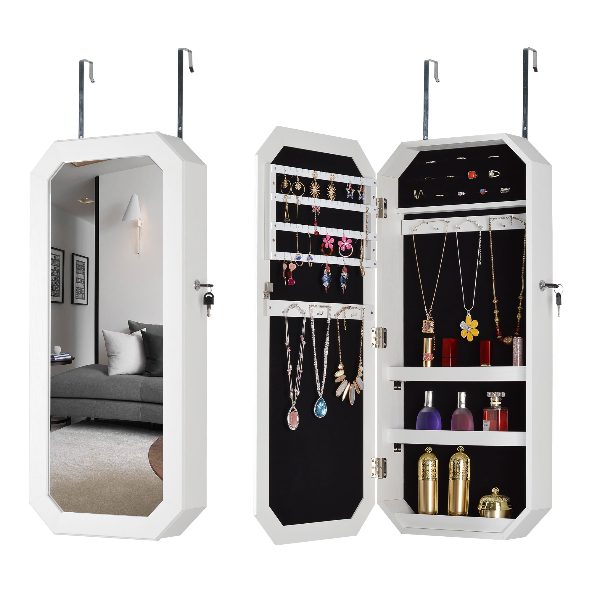Kepooman Lockable Mirrored Jewelry Cabinet, Wall Door Mounted Jewelry Armoire Organizer with Full Length Mirror Space Saving Lockable,White Kepooman Lockable Mirrored Jewelry Cabinet, Wall Door Mounted Jewelry Armoire Organizer with Full Length Mirror Space Saving Lockable,White