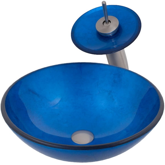 Novatto Novatto NSFC-S132001BN Verdazzurro Ensemble Combiné de Récipient en Verre Peint en Feuille pour Évier, Robinet en Nickel Brossé, Anneau de Drainage et de Montage