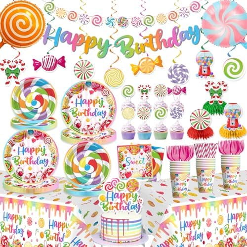 201Pcs Candyland Party Decorations Tableware Set Serves 25 Guests, Candyland Birthday Decorations Include Banner, Plates and Tablecloth Etc, Candyland Supplies for Sweet Birthday Party