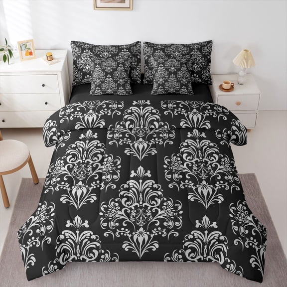 Manfei Teens Bohemian Damask Twin Bedding Sets 7-Piece,Traditional Floral Flower Bedding Comforter Set Microfiber,Exotic Style Breathable Sheet Sets,Breathable Home Decor,Reversible