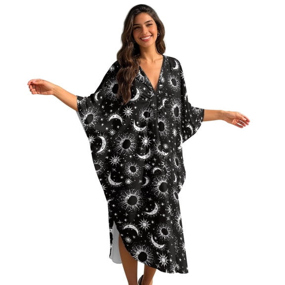 DISNIMO Sun Moon Print Women's Plus Size Kaftan Dress Swimsuit Coverup V-Neck Batwing Sleeve Caftan Dresses Lightweight Loose Swimwear Coverups for Party Pool Beach