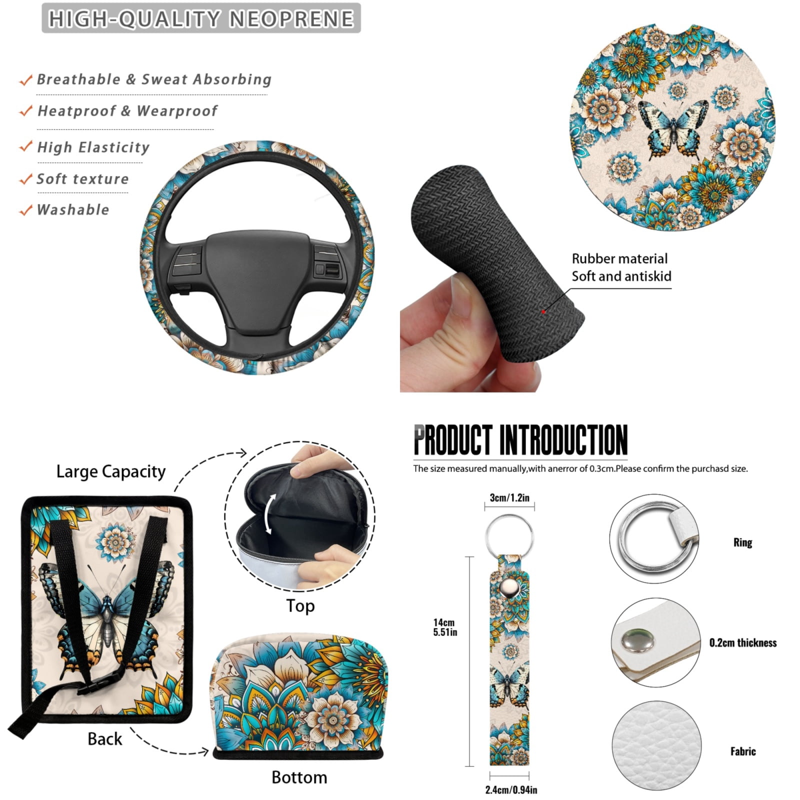 Jeiento Butterfly Car Seat Covers Set of 13 Car Seat Belt Pad Cover Dahlia Steering Wheel Cover Car Trash Can Rear View Mirror Cover Car Cup Coasters Keychains Chapstick Holder Universal Fit