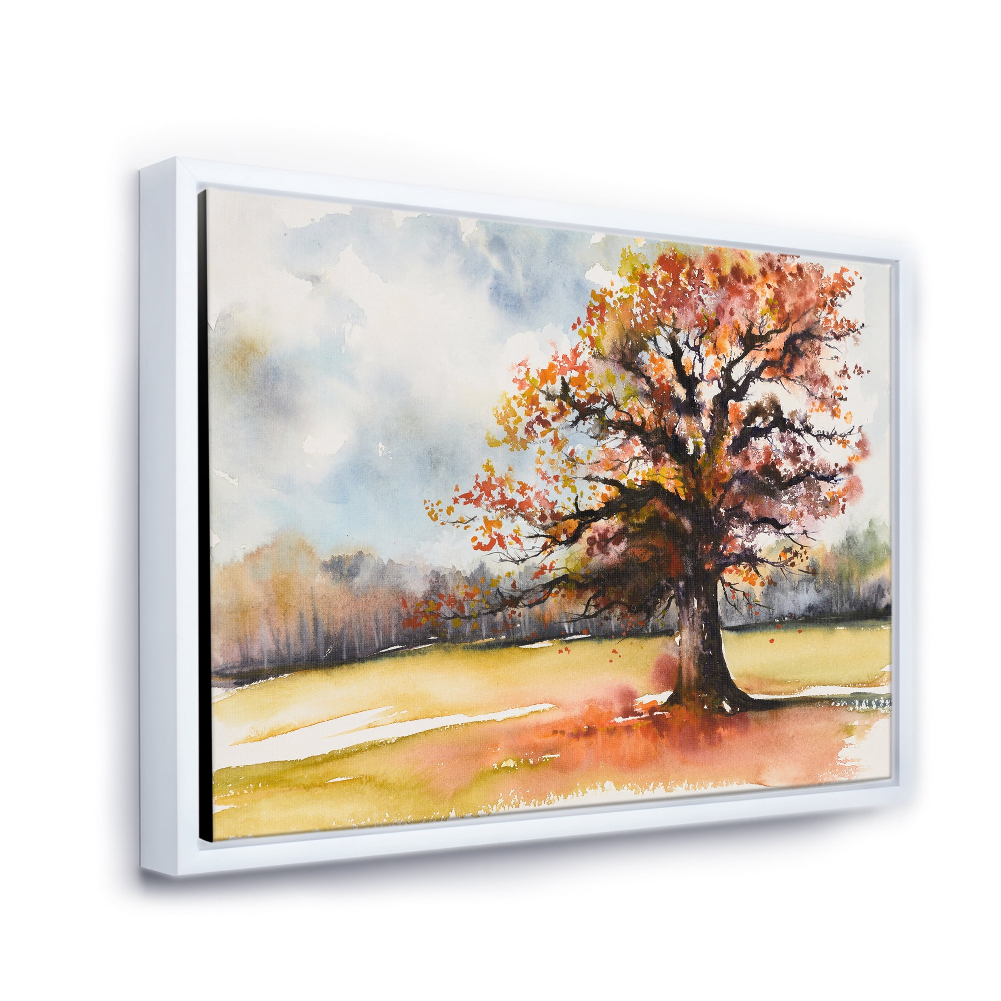 Designart 'Lone Oak Tree In The Fields With Autum Leaves' Traditional Framed Canvas Wall Art Print