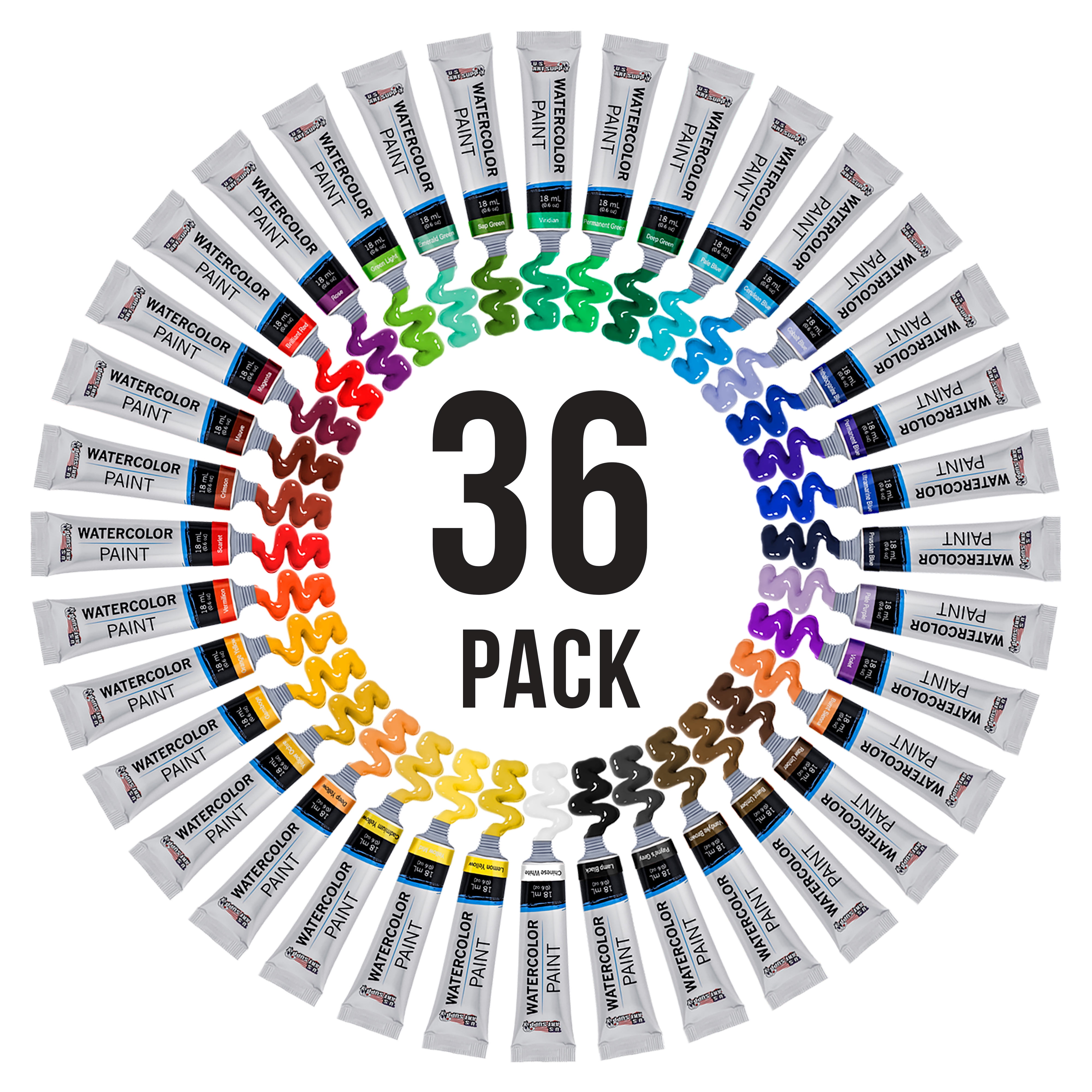 U.S. Art Supply 18ml Large Tube Premium Vivid Watercolor Artist Paint Set (36-Colors) Includes Bonus Color Mixing Wheel