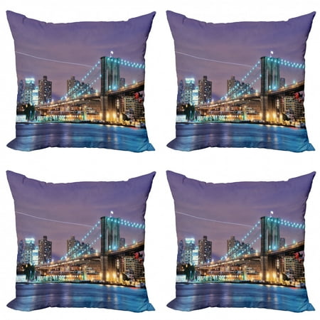 City Throw Pillow Cushion Case Pack of 4, Brooklyn Bridge Spanning the East River New York City Metropolitan and Modernized, Modern Accent Double-Sided Print, 4 Sizes, Multicolor, by Ambesonne