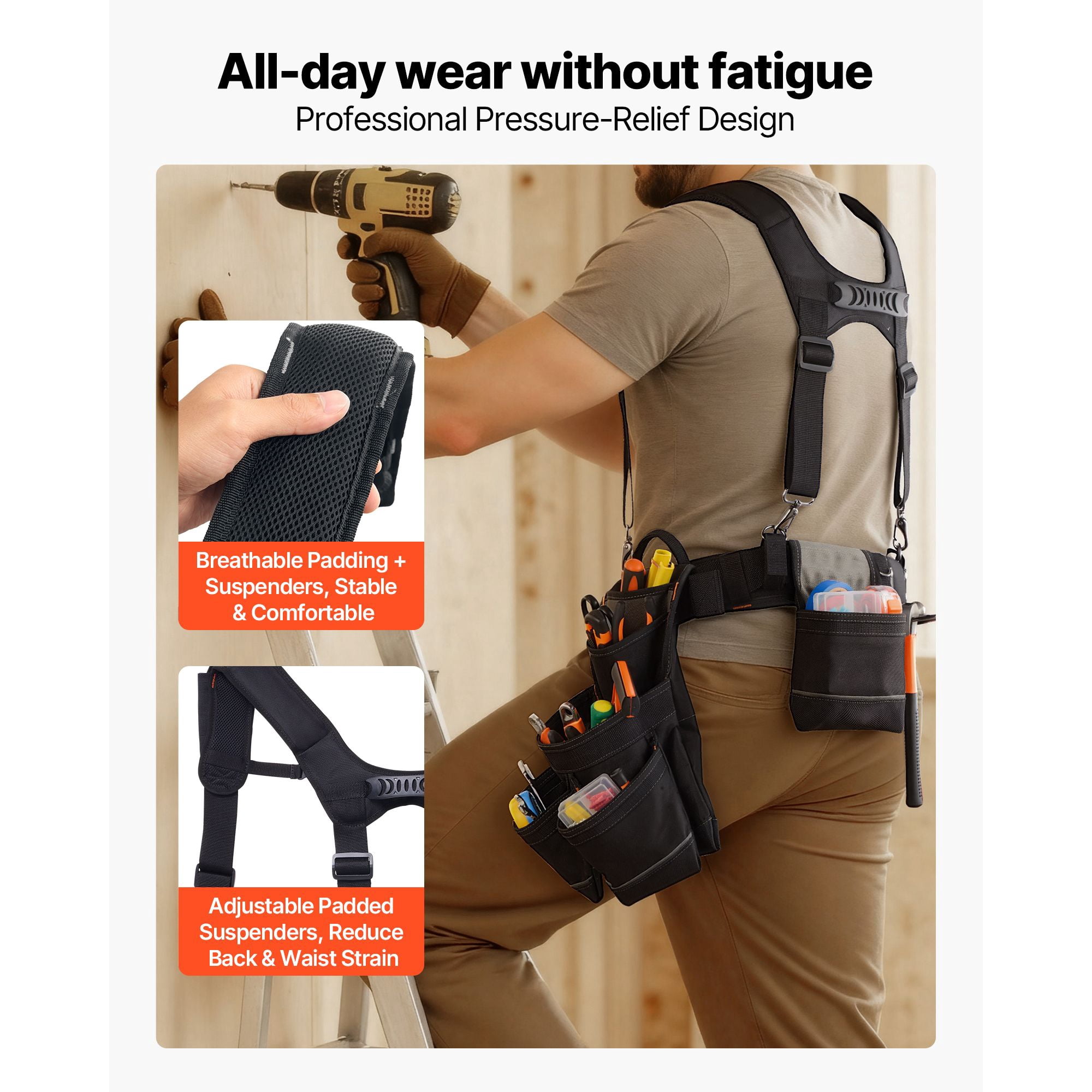 Tool Belt 19-Pockets 600D Polyester Adjustable Waist 31-51 Inch for Carpentry Construction