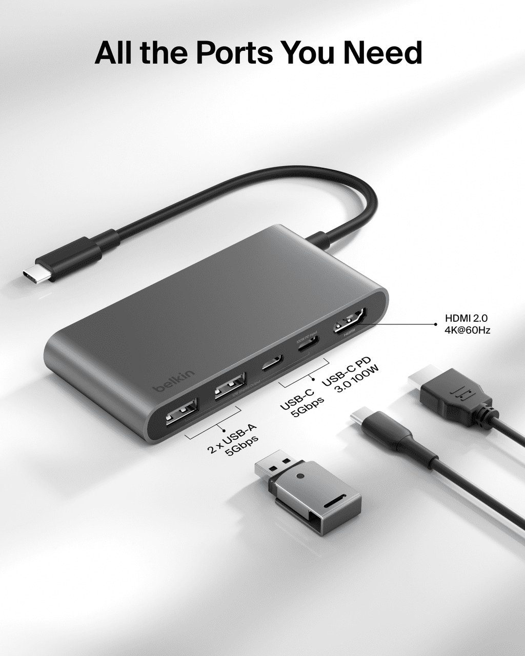 Belkin USB C Hub, 5-Port Hub w/ 4K HDMI Display @ 60Hz, 100W Power Delivery, Fast Data Transfer 5Gbps, USB C Multiport Adapter for MacBook, iPad Pro, Chromebook, & More - Upgraded HDMI 2.0