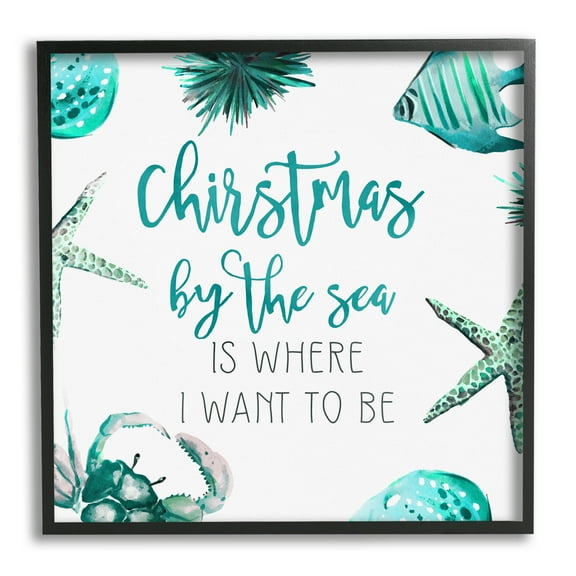 Stupell Industries Christmas By The Sea Phrase Holiday Painting Black Framed Art Print Wall Art