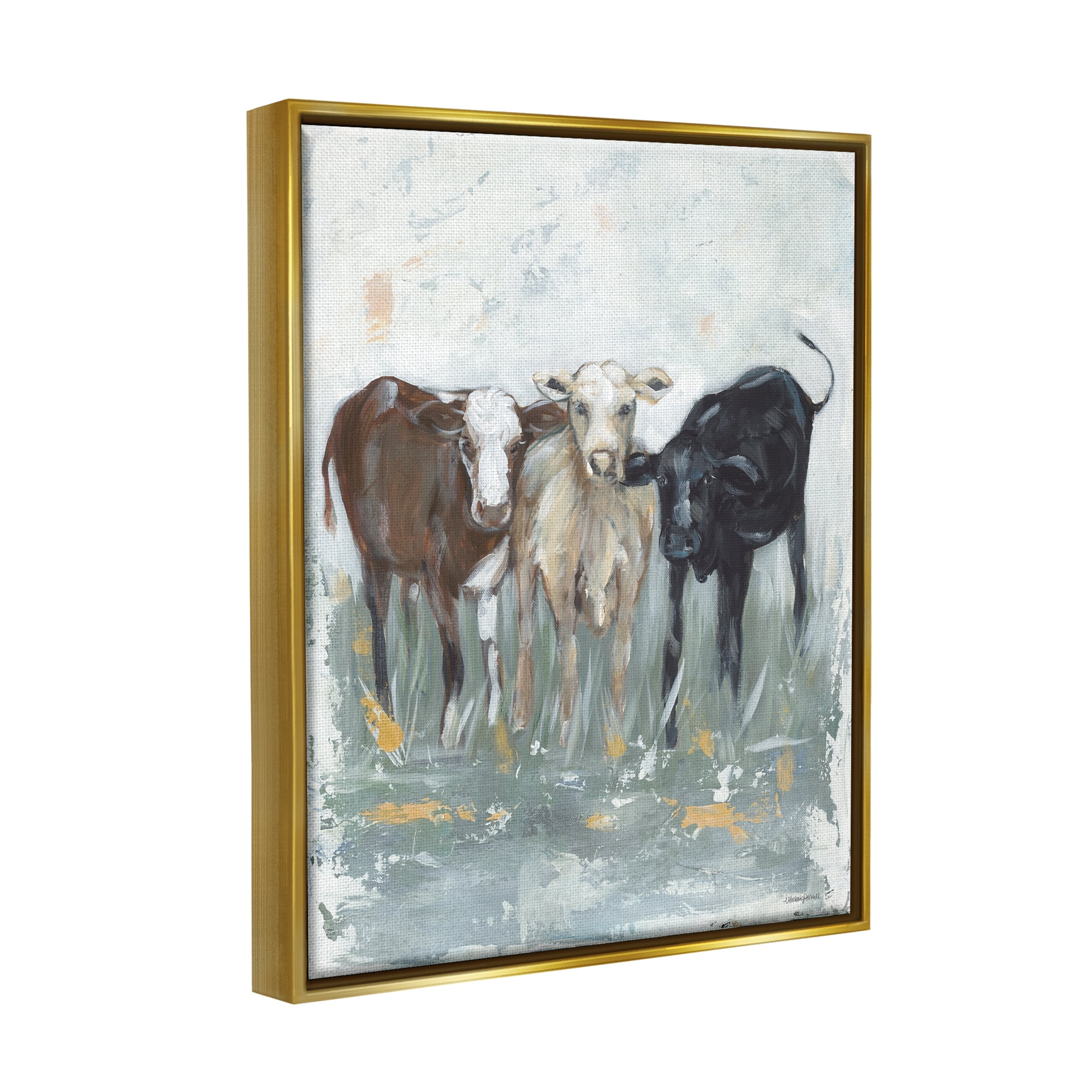 Stupell Abstract Rustic Country Cows Painting Animals & Insects Painting Gold Floater Framed Art Print Wall Art