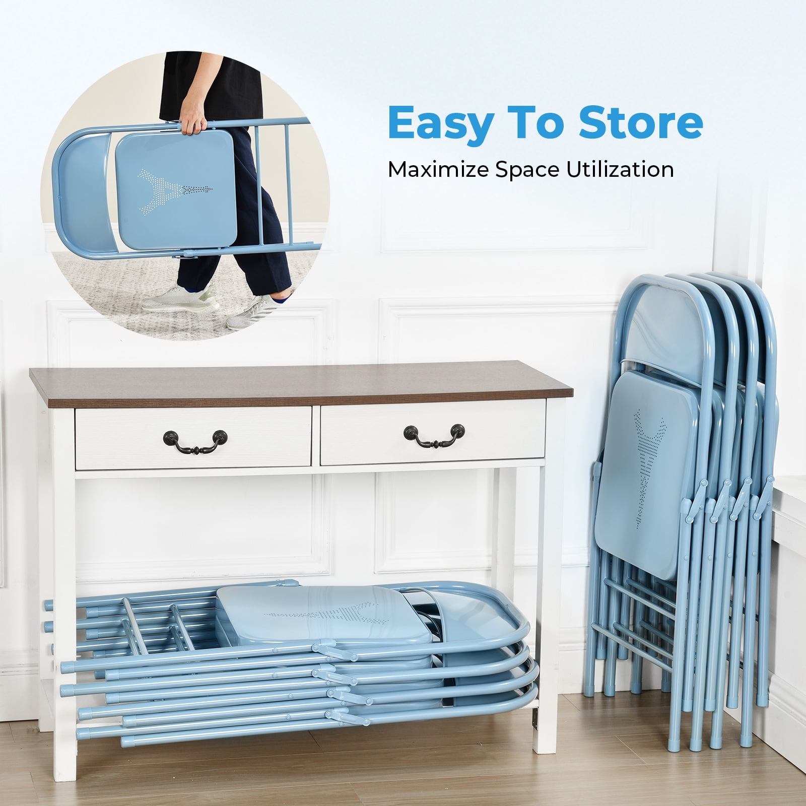 Homy Casa Metal Folding Chairs 4 Pack Portable for Wedding Party Picnic Home Office Pale Blue