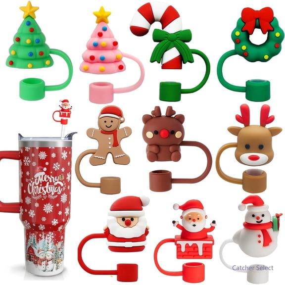 Christmas Straw Toppers 10 Pack, 3D Santa Xmas Tree Reusable Caps