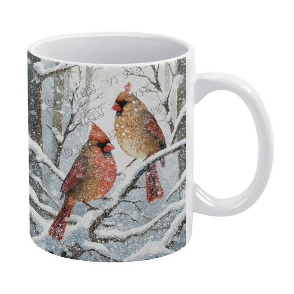 Novelty Coffee Mug - Winter Red Bird Coffee Cups Ceramic Coffee Mugs with Handle, Unique Latte Tea Cup for Office and Home, Gifts for Men and Women - 330 ml / 11 oz White Ceramic Mug