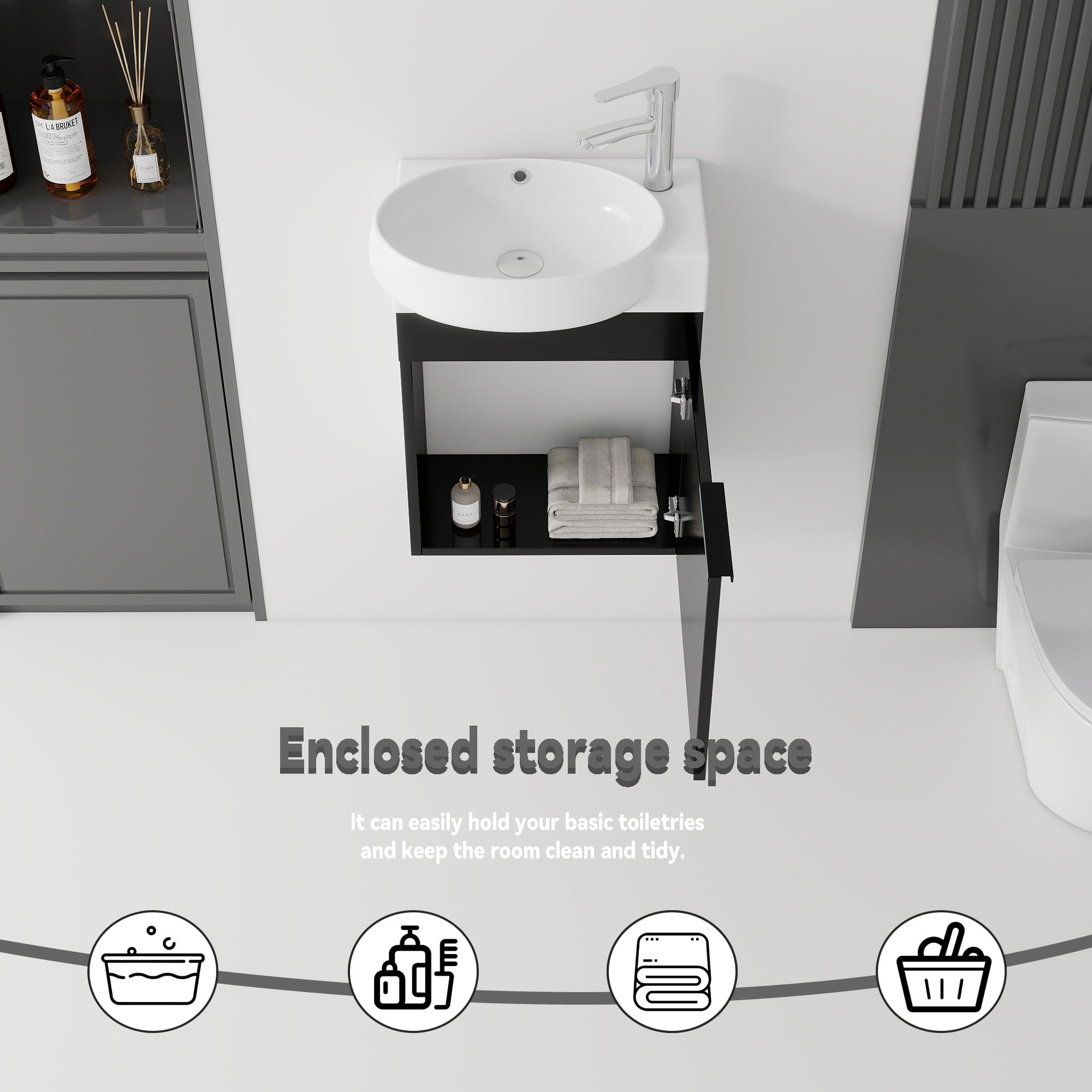 Leumius 16" Wall-Mount Bathroom Vanity Cabinet with with Ceramic Sink & Soft‑Close Doors for Small Space,Bathrooms,Black