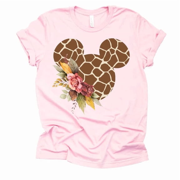 Women Teen Giraffe Mickey Ears with Flowers Shirt Floral Animal Print Character T-Shirt (Light Pink-3X-Large)