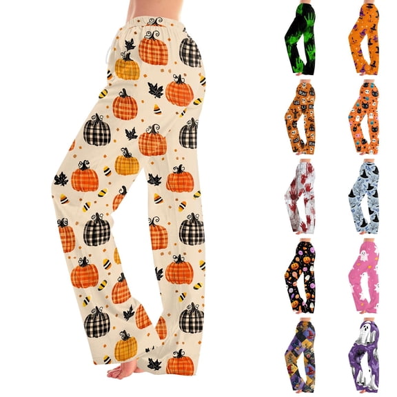 Zydvens Women Halloween Pajama Pants Wide Leg Lounge Wear with Pockets Soft Elastic Waist Drawstring Sleepwear Bottoms Plaid Pumpkin Fall Harvest Costume Cosplay Gift S-3XL