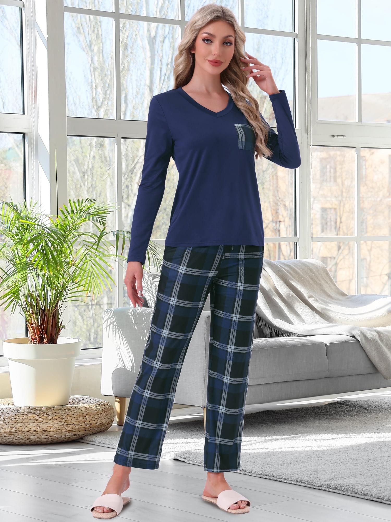 DARING DIVA Women's  Long Sleeve Plaid Soft Fall Pajama Set with Pockets XS Blue