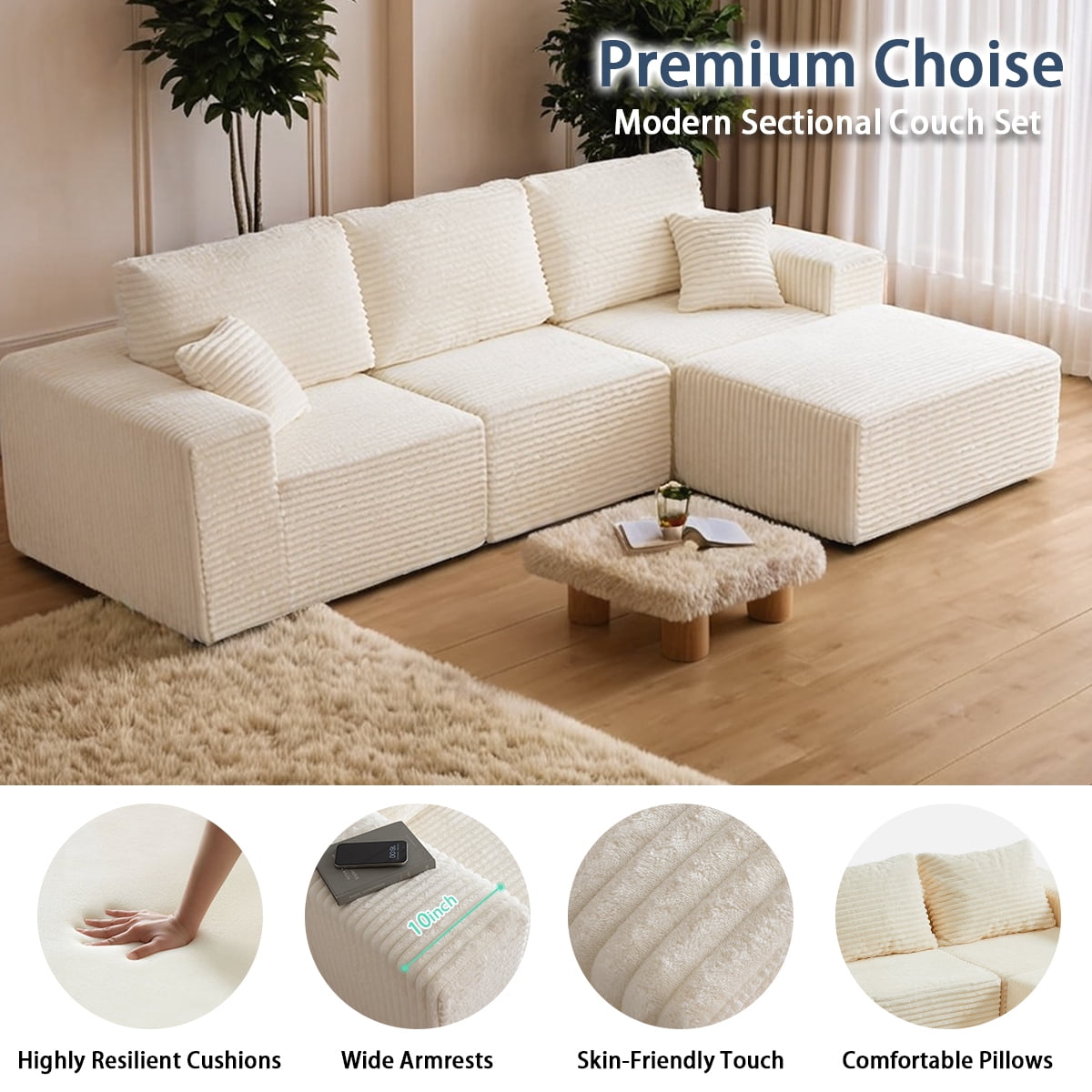 Boneless Cloud sofa, Small Sectional Loveseat Sofa with Memory Foam,No Assembly Required,Soft Corduroy Fabric,Compact Box Delivery for Apartments & Living Rooms
