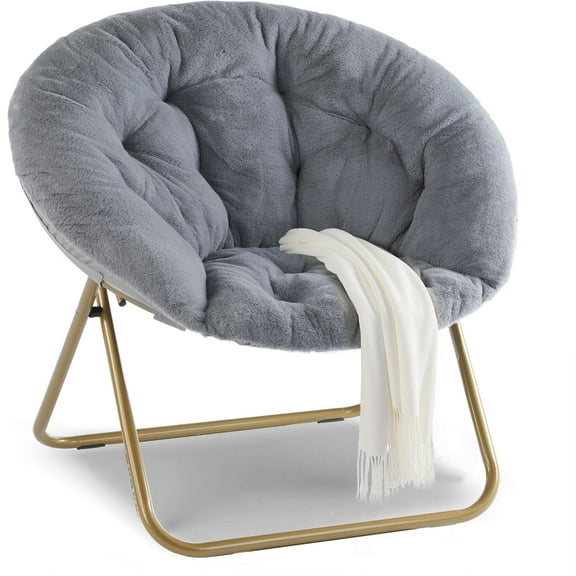 QUIOCOZY Comfy Faux Fur Saucer Chair for Bedroom – Round Moon Chair for Adults & Teens with Foldable Metal Frame
