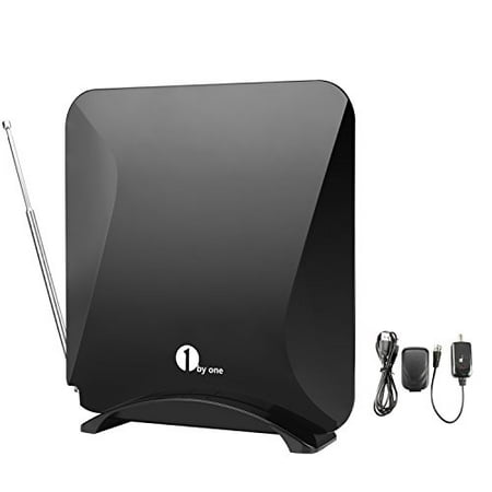 Tv Antenna 1byone 1byone Amplified Digital Antenna with Stand, VHF Enhanced Omni-directional Table Antenna, 40-50 Miles High Range Indoor TV Antenna with Detachable High Gain Amplifier,10ft High Performance Cable-Black ()