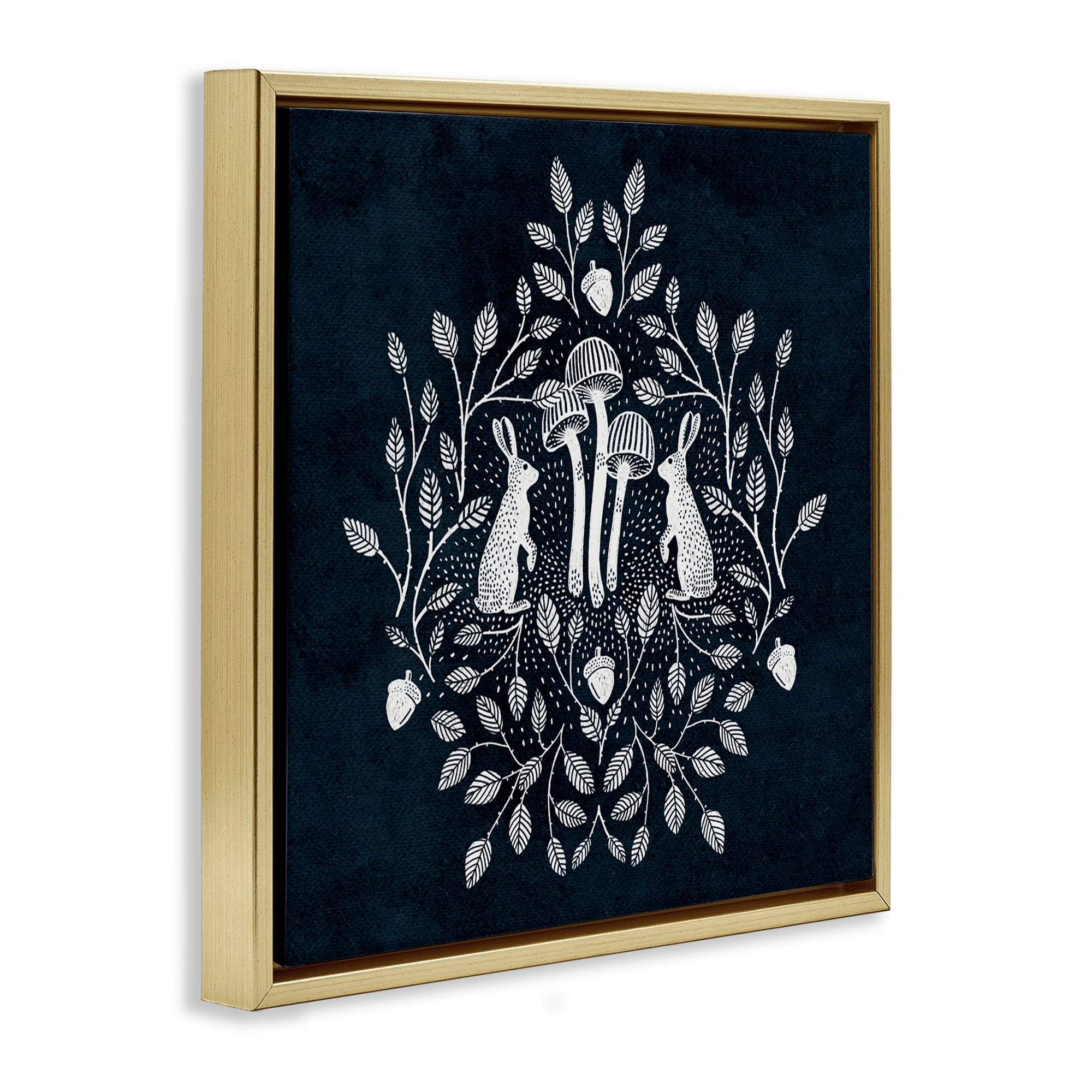 Stupell Industries Rabbits & Leaves on Blue Plants & Flowers Painting Gold Floater Framed Canvas Art Print Wall Art, 25 x 25