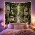 thumbnail image 2 of Vintage Car on a Rain-Slicked Tree-Lined Street, Nostalgic Illustration for City Lovers, Urban Street Art, Housewarming Gift, Tapestry Wall Hanging for Bedroom and Living Room, 2 of 7
