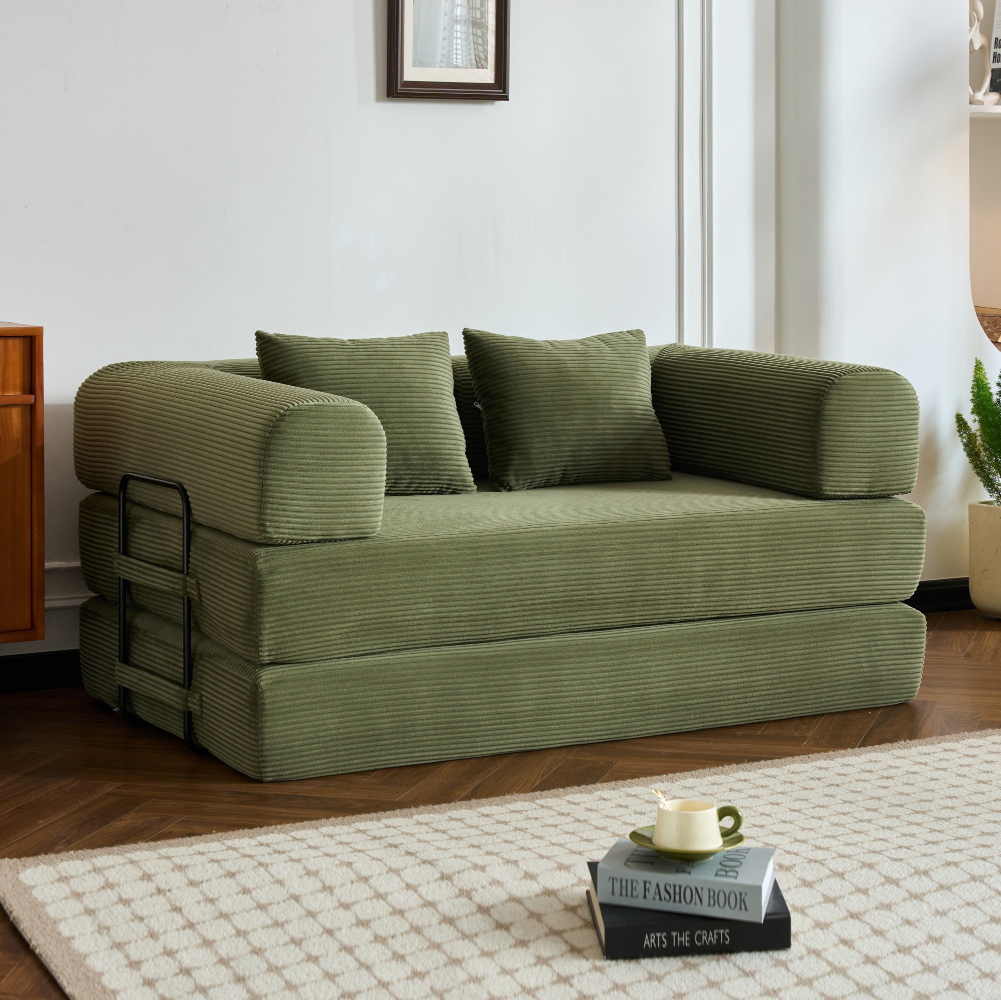 BSHTI 59" Corduroy Convertible Sleeper Sofa Bed with Cylindrical Pillow, No Assembly, Small Space for Living Room（Green）