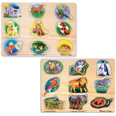 Melissa & Doug Sound Puzzles Set: Pets and Wild Animals, 8-Piece Wooden Peg Puzzles