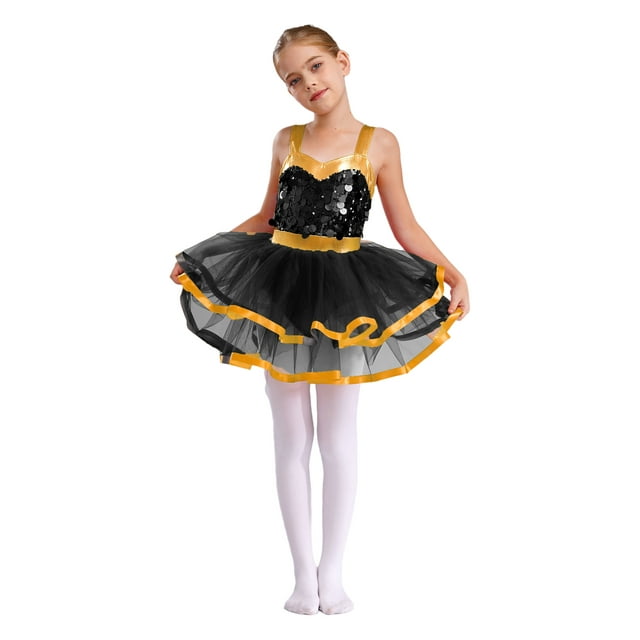 Ocealan Robe Tutu Jazz Danse Latine pour Filles, Sequins, Blaste, Fête d'Anniversaire, Costume de Performance, Noir 14