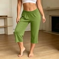 thumbnail image 2 of Women Elastic High Waist Capri Lounge Pants, Ruffle Hem Loose Fit Cropped Pajama Bottoms, Soft Stretchy Lightweight Casual Trousers Green XL(XL), 2 of 7