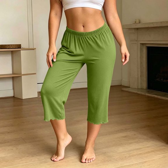 Mutghys Modal Cotton Pajama Pants for Women Scalloped Hem Solid Elastic Waist Capri Pants Home Relaxing Soft Comfy Casual Pajama Bottoms