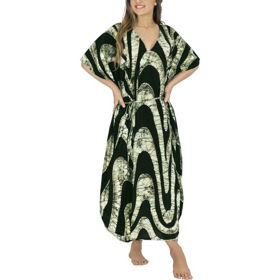 LEELA Women's Summer Maxi Nightdress Cover Up Gown Caftan Loungewear Dashiki House Dresses for Women 3X-4X Black, Stripes