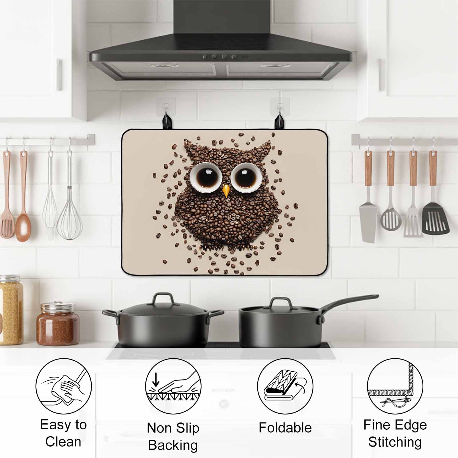 Coffee Owl Stove Top Cover for Electric Stove, Heat-proof & Non Slip Glass Top Stove Cover Protector, Cute Bird Big Eyes Animals Brown Beans Kitchen Flat Cooktop Rubber Mat 24x21 Inches