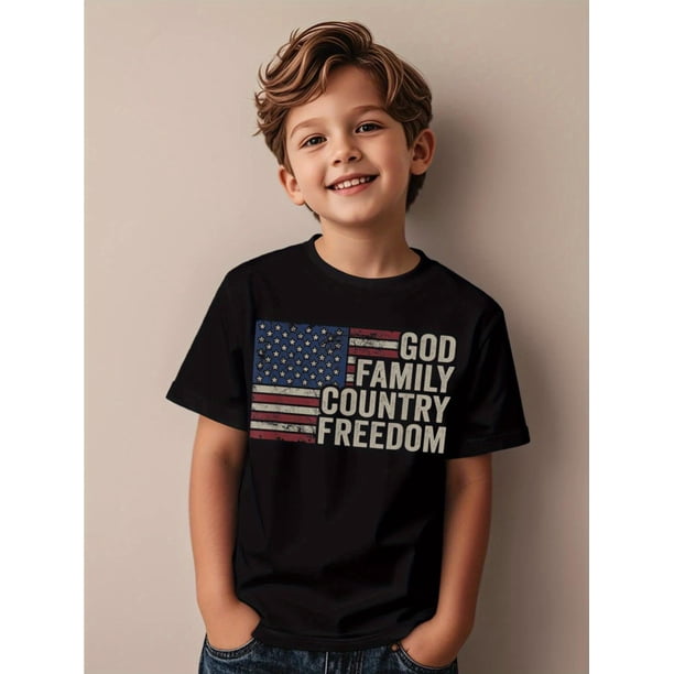 God Family Country Freedom 4th July USA Flag Christian Funny Awesome Graphic Kid TShirt Popular Kid T Shirts Trending Tops Tees for Kid