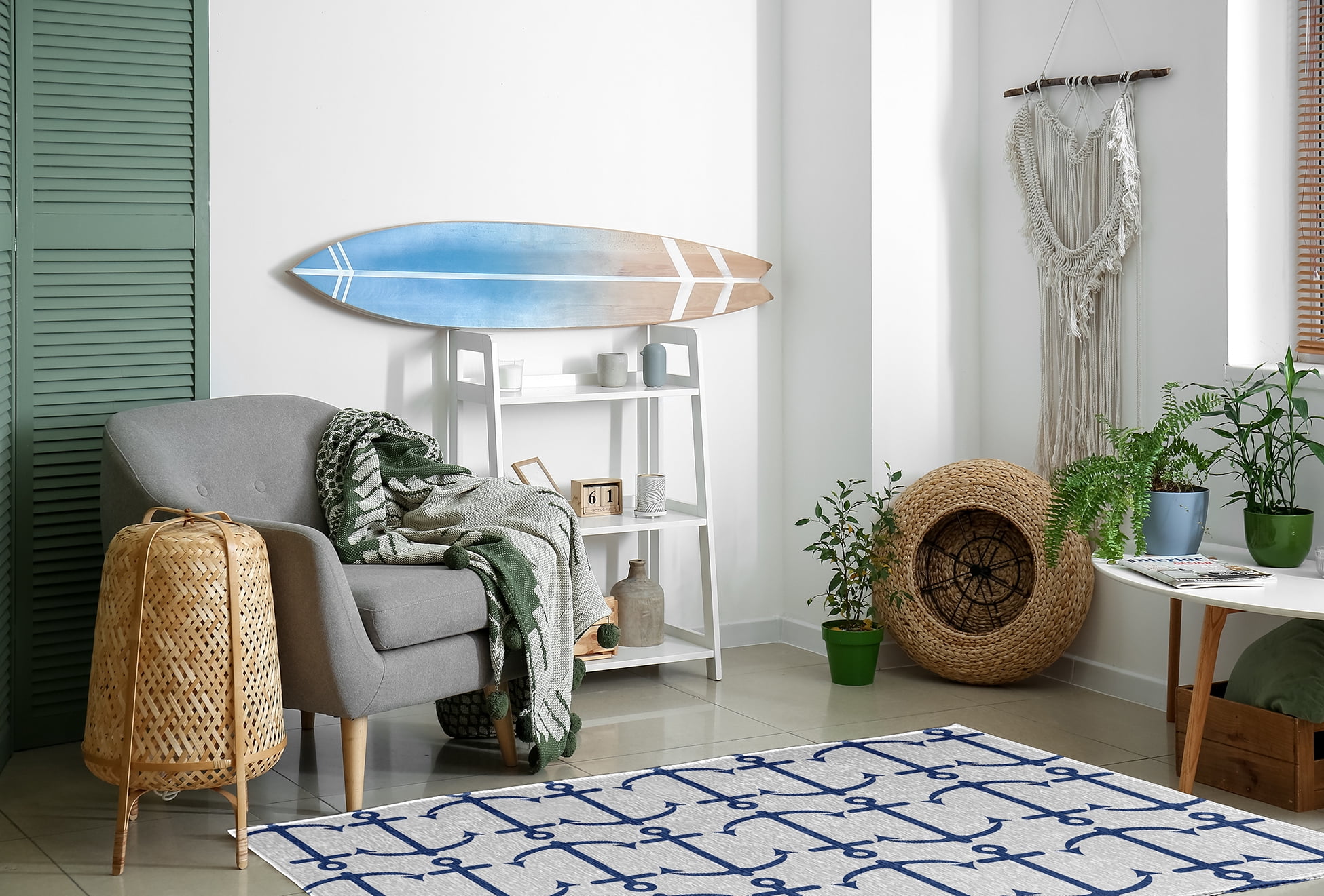 4' x 6' Simply Daisy Anchor Pattern Beach Style Chenille Area Rug, Nautical Navy