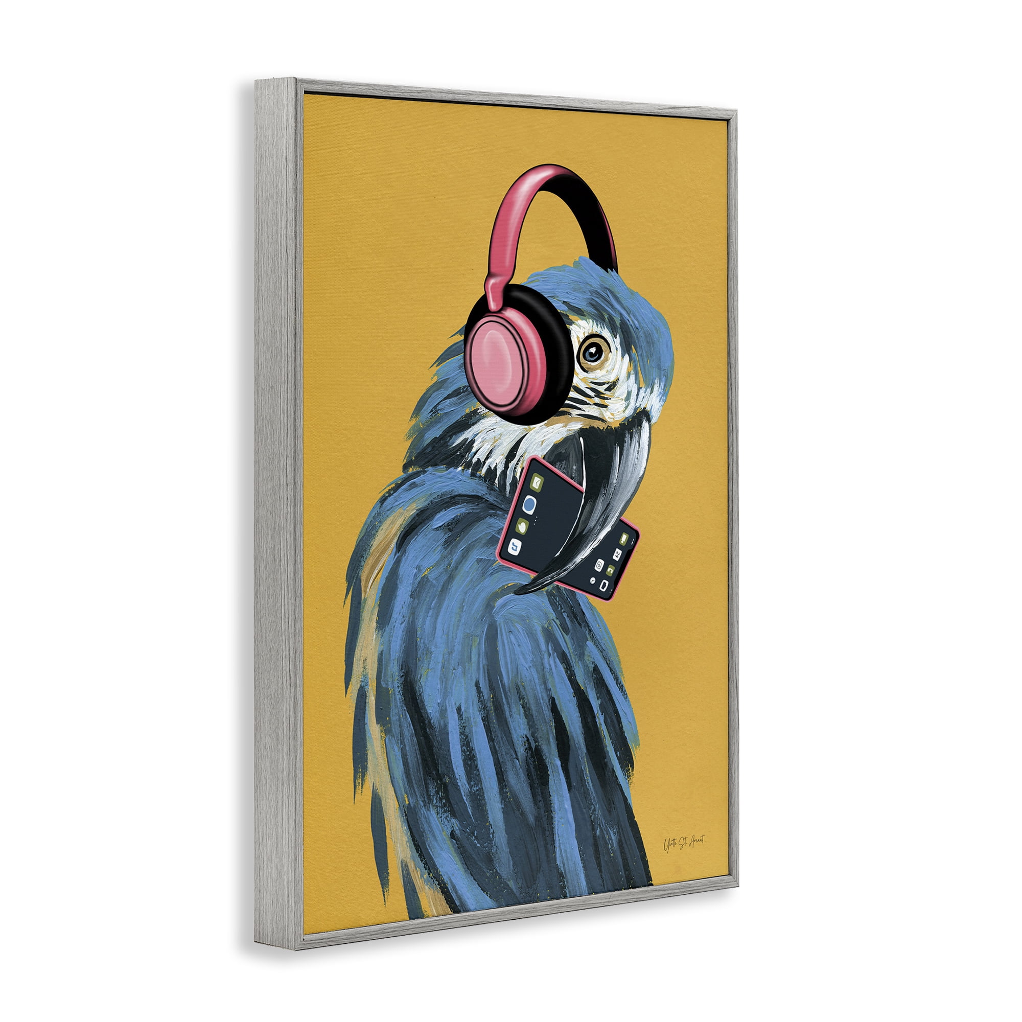 Stupell Industries Parrot Listening to Music Animals & Insects Painting Gray Framed Art Print Wall Art, 12 x 18