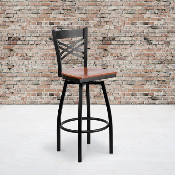 Emma Oliver 2 Pack Black "X" Back Swivel Metal Barstool - Cherry Wood Seat