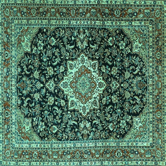 Ahgly Company Machine Washable Indoor Square Medallion Turquoise Blue Traditional Area Rugs, 8' Square