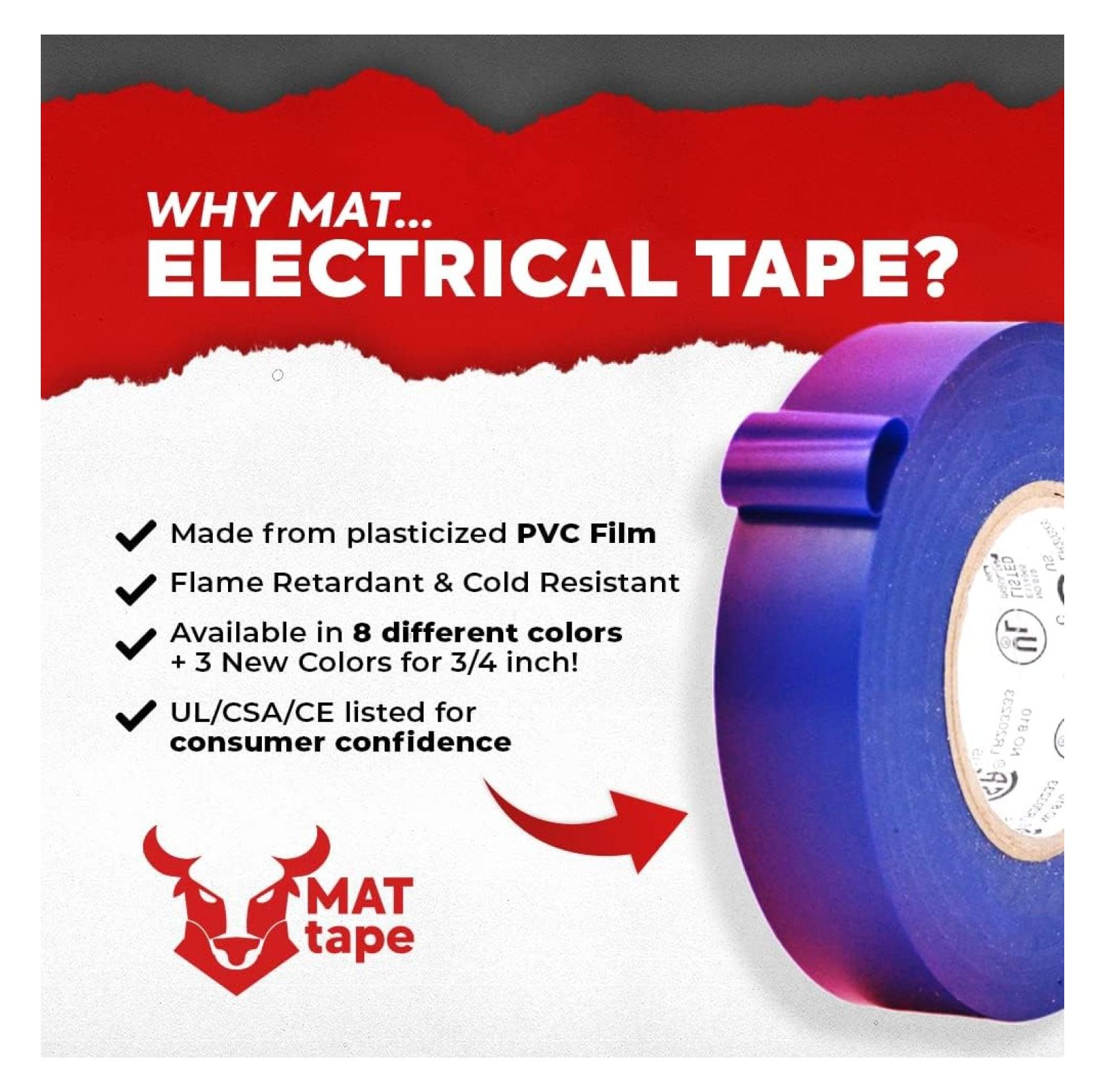 MAT Professional Grade Thin Electrical Tape Blue - 3/8 inch x 66 ft. UL/CSA listed (Pack of 10) - Waterproof, Flame Retardant, & Strong Rubber Based Adhesive for Use At No More Than 600V & 176F