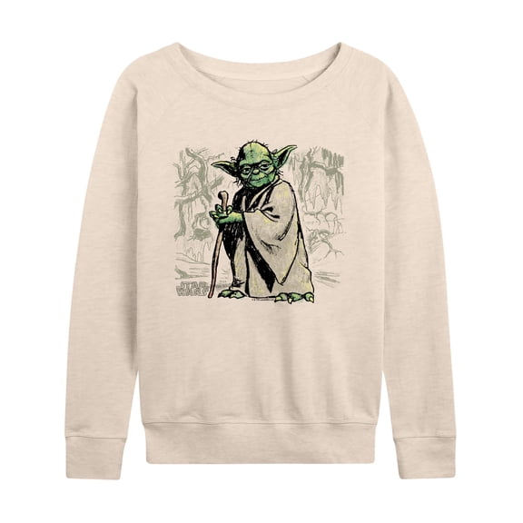 Star Wars - Yoda Sketch Women's Lightweight French Terry Wide Neck Long Sleeve Graphic Shirt