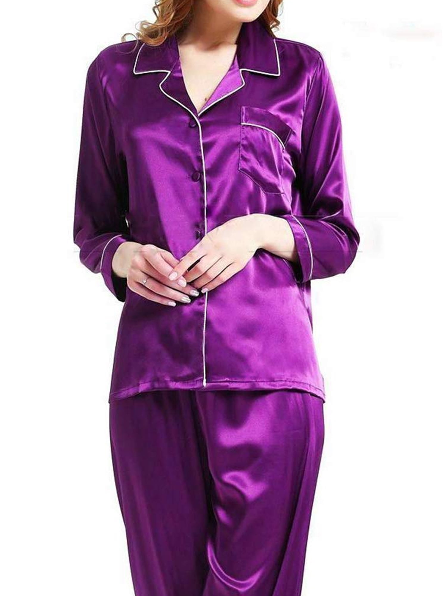 Musuos Women Silk Satin Pajamas Set Two Piece Button Down Long Sleeve Sleepwear 9512