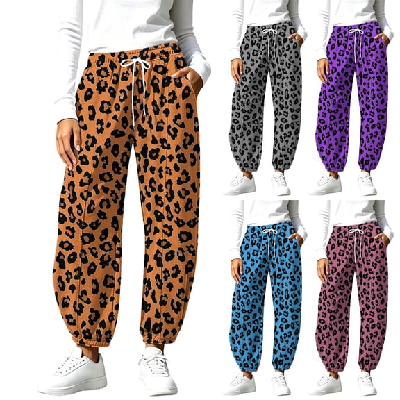 HomeDM Women's Sweatpants for Casual Drawstring Workout Joggers with Pockets Brown Casual Pants Leopard Print Size L