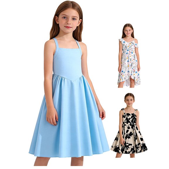 Afuyipoi Girls Strapless A Line Dress (7-13 Years) Soft Breathable Fabric Halter Neck Design Ruched Waist Detail Full Flowy Skirt Summer Party Casual Wear Blue Size 8