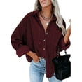 thumbnail image 1 of Chemises en Velours Côtelé à Boutons pour Femmes Col Rabattu Manches Longues, 1 of 7