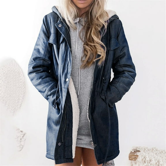 Fengqque Women Warm Hooded Casual Long Sleeve Denim Jacket Long Jean Outwear Overcoat