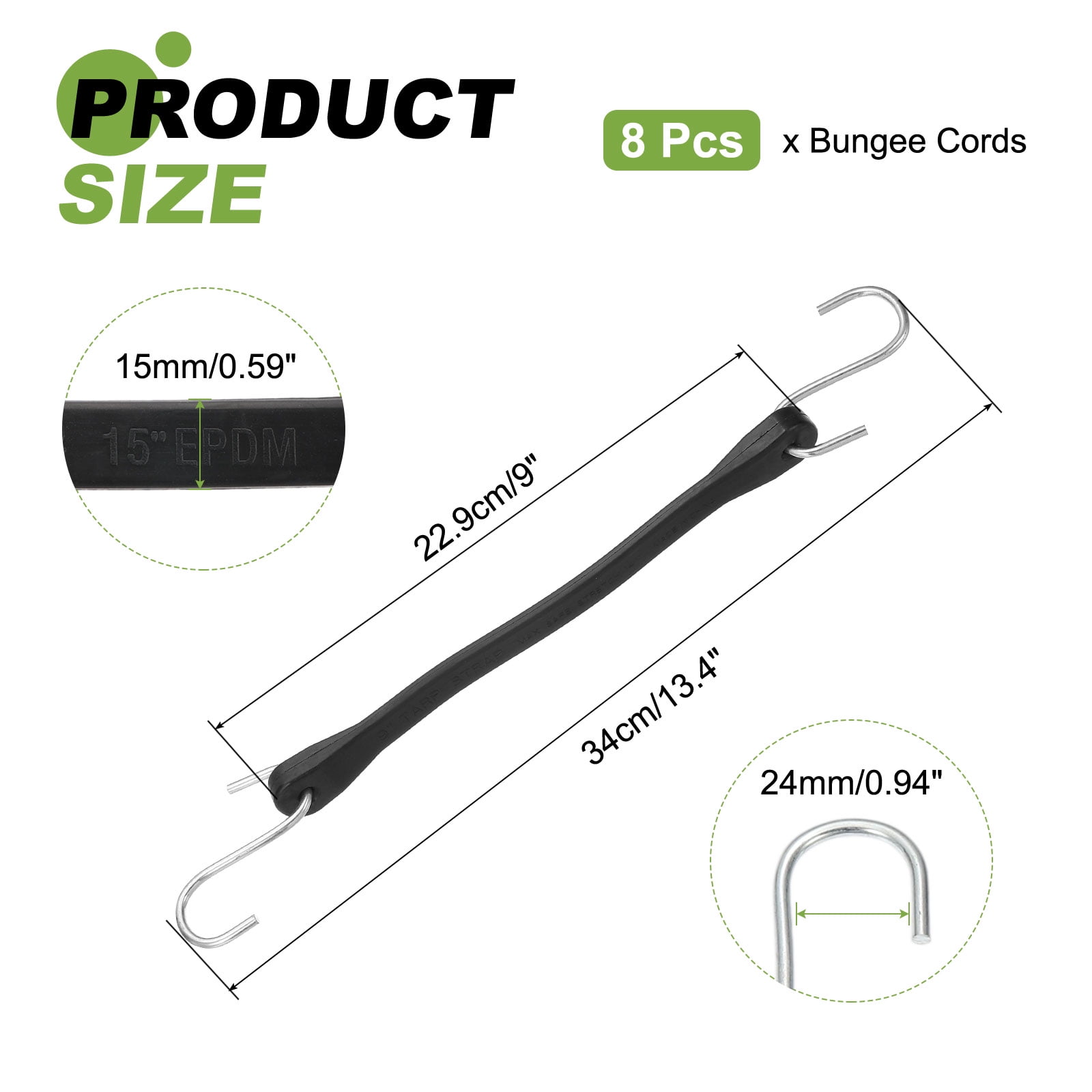 8Pack 9" Bungee Cords with Hooks for Securing Tarps Cargo Trucks Canvases, Black